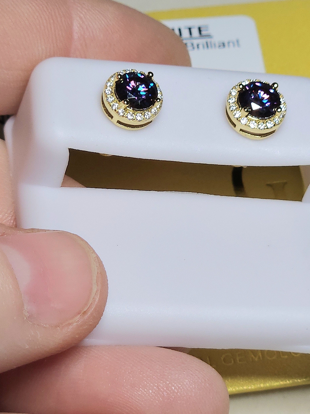 Moissanite Purple Amethyst Round Halo Stud Earrings - Sterling Silver - Picture 8 of 14